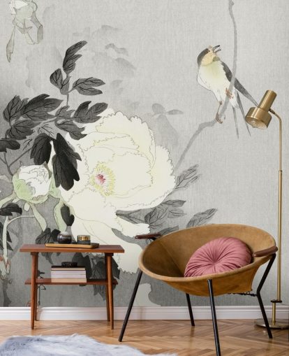grey peony and bird wallpaper