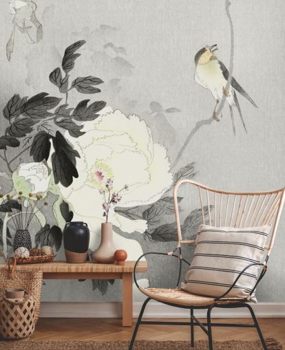 papel pintado gris peonía y pájaro