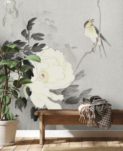 grey peony and bird wallpaper
