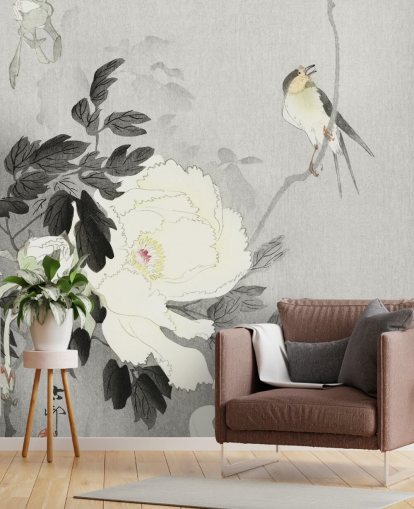 grey peony and bird wallpaper