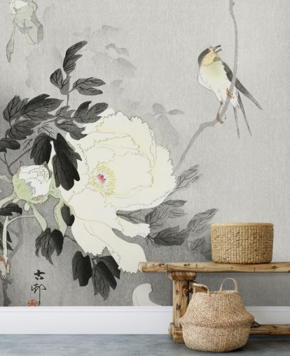 grey peony and bird wallpaper