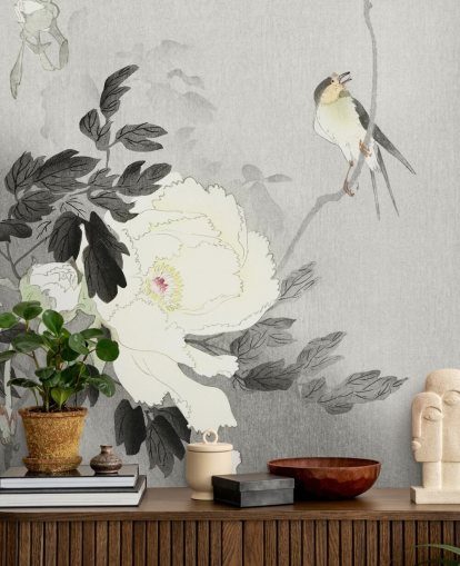 papier peint pivoine et oiseau gris papier peint pivoine et oiseau gris