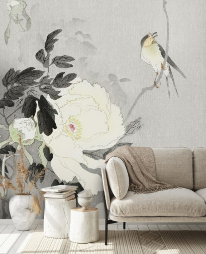 papel pintado gris peonía y pájaro