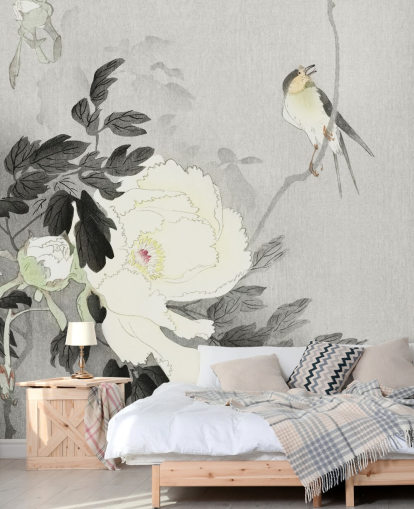 papel pintado gris peonía y pájaro