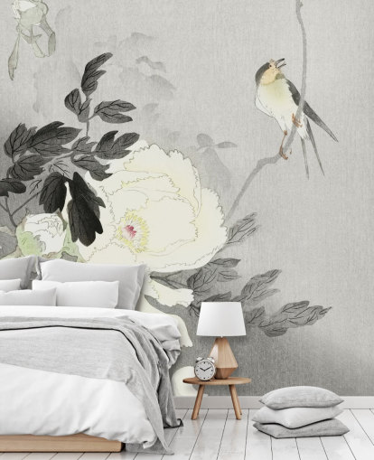 grey peony and bird wallpaper