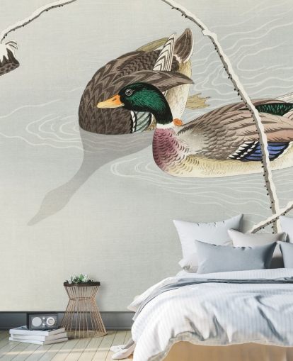 mallard ducks in icy water painting wallpaper