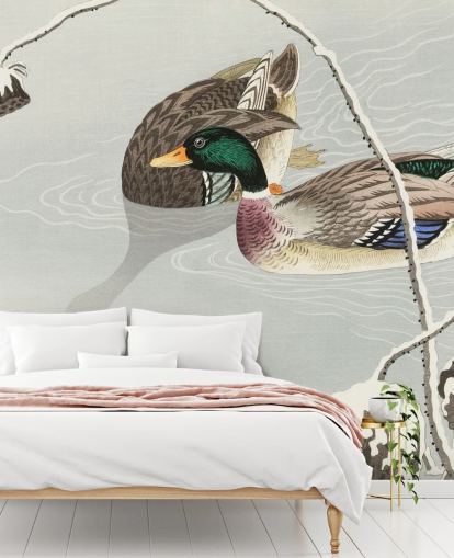 wilde eenden in ijzig water schilderen behang