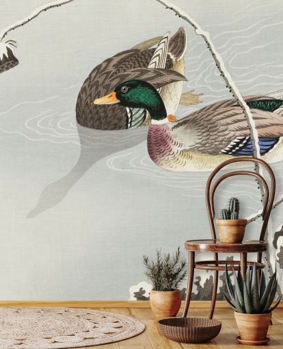 mallard ducks in icy water painting wallpaper