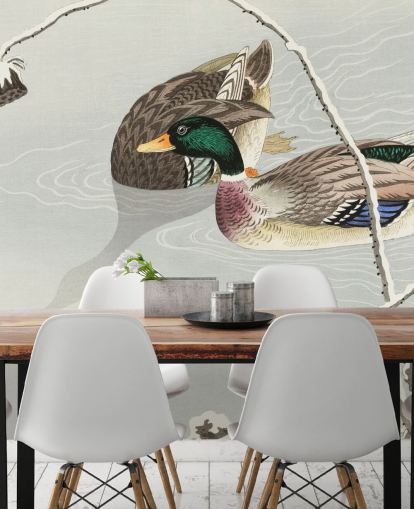 mallard ducks in icy water painting wallpaper