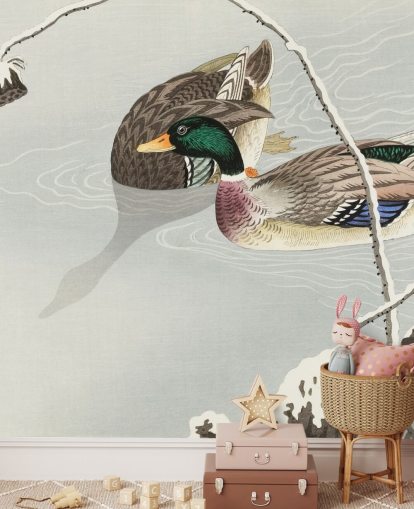 mallard ducks in icy water painting wallpaper