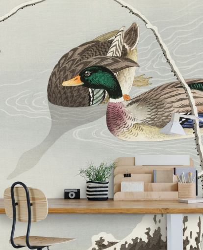 mallard ducks in icy water painting wallpaper