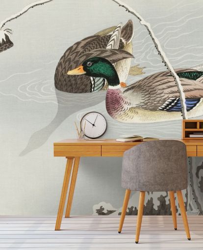 mallard ducks in icy water painting wallpaper