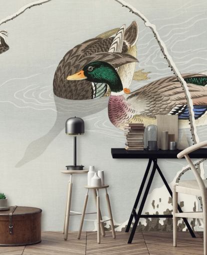 mallard ducks in icy water painting wallpaper