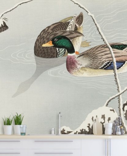 wilde eenden in ijzig water schilderen behang