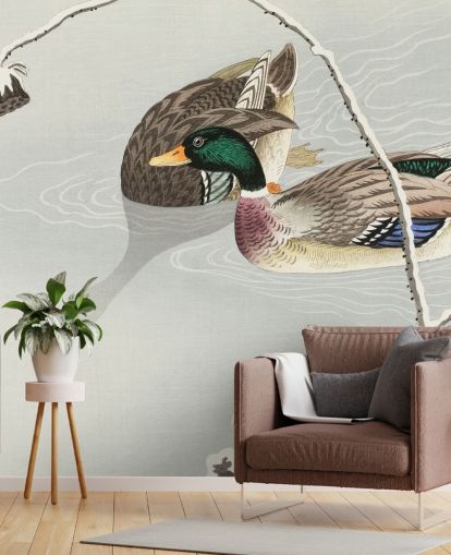 mallard ducks in icy water painting wallpaper