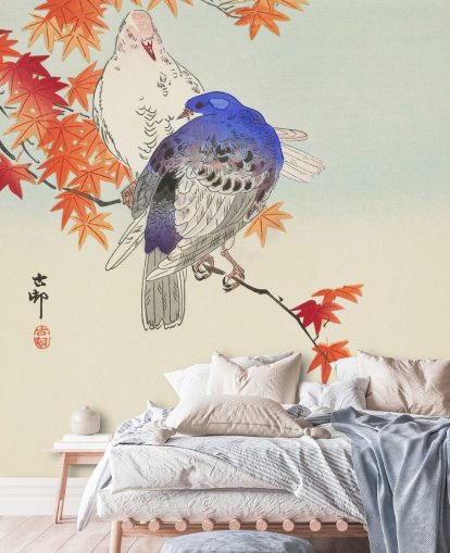 herfstbladeren en duiven behang