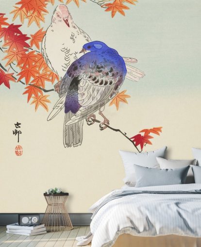 papier peint feuilles et pigeons automnaux