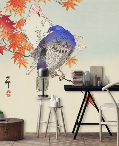 papier peint feuilles et pigeons automnaux