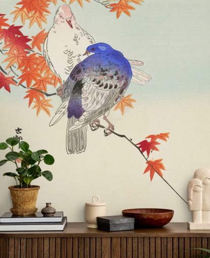 papier peint feuilles et pigeons automnaux