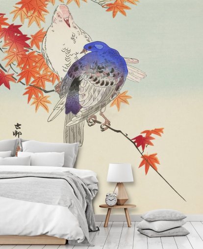 papier peint feuilles et pigeons automnaux