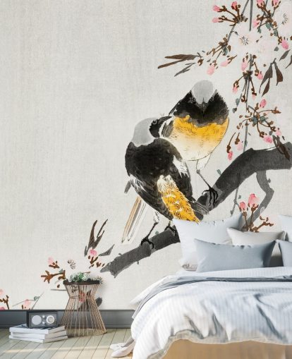 oriental birds and blossom wallpaper