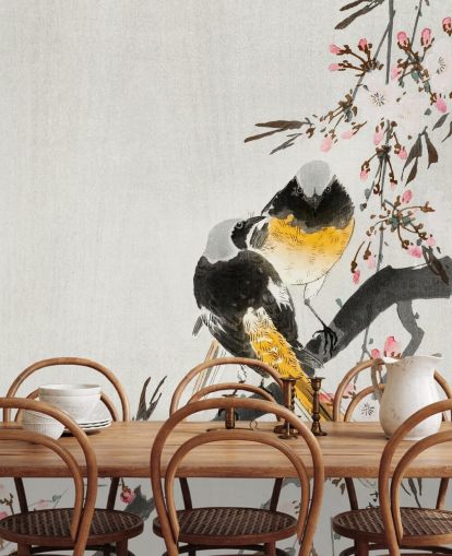 carta da parati orientale con uccelli e fiori