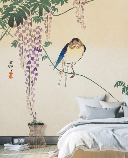 papier peint oriental oiseau et glycine