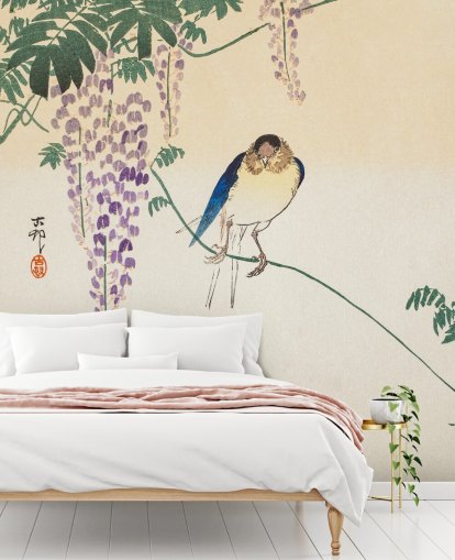 bird and wisteria oriental wallpaper
