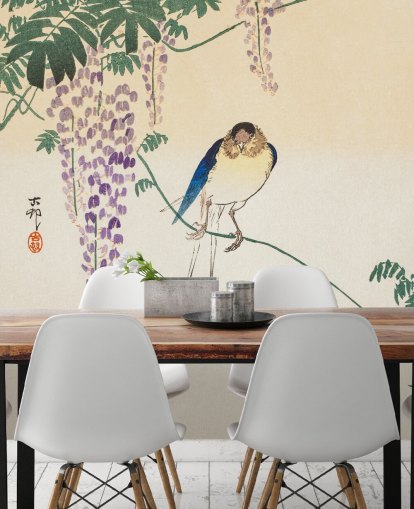 bird and wisteria oriental wallpaper