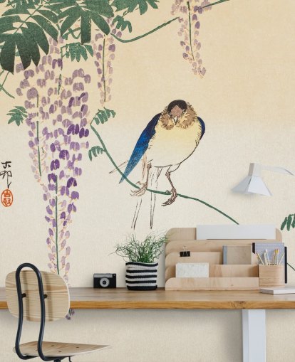 papel de parede oriental de pássaros e glicínias