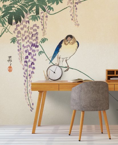papier peint oriental oiseau et glycine