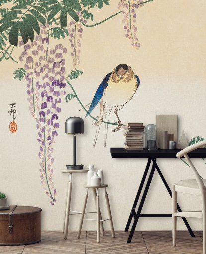 vogel- en blauweregen oriëntaalse behang