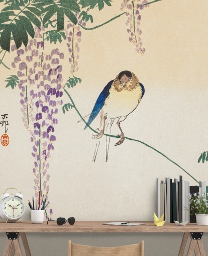 bird and wisteria oriental wallpaper