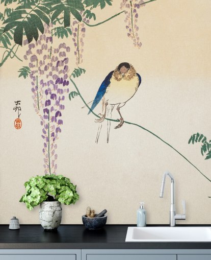 bird and wisteria oriental wallpaper