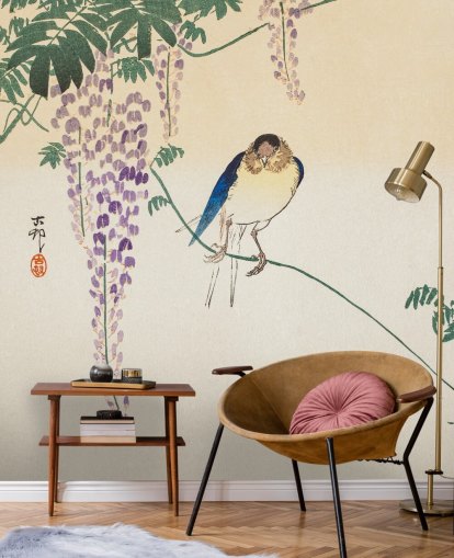 papel pintado de aves y glicinas orientales