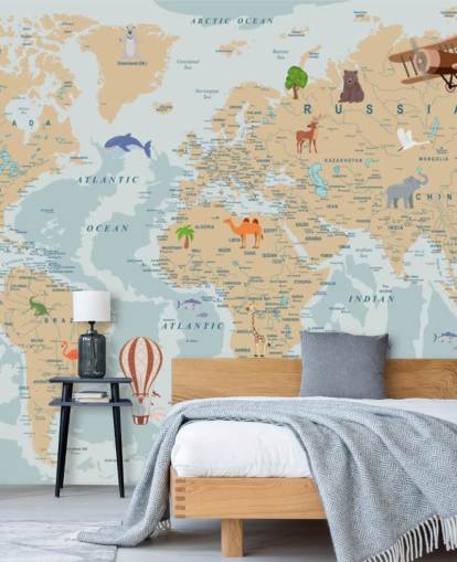 light brown and blue kids world map wallpaper