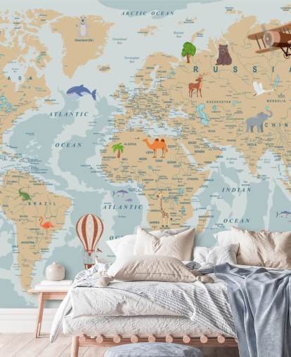 light brown and blue kids world map wallpaper
