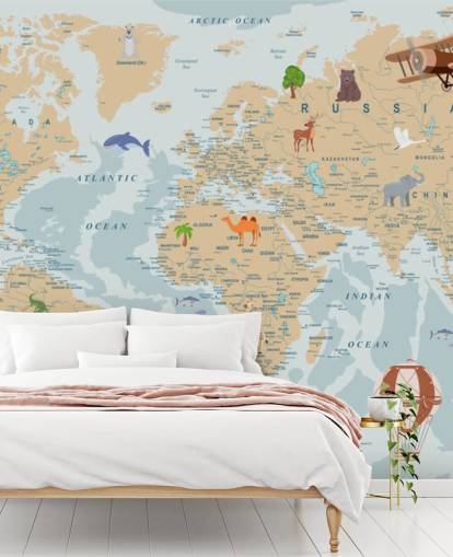 light brown and blue kids world map wallpaper