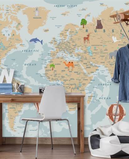 carta da parati mappa del mondo per bambini marrone chiaro e blu