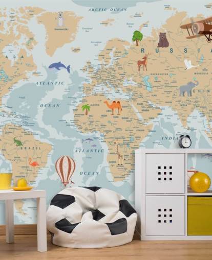 light brown and blue kids world map wallpaper