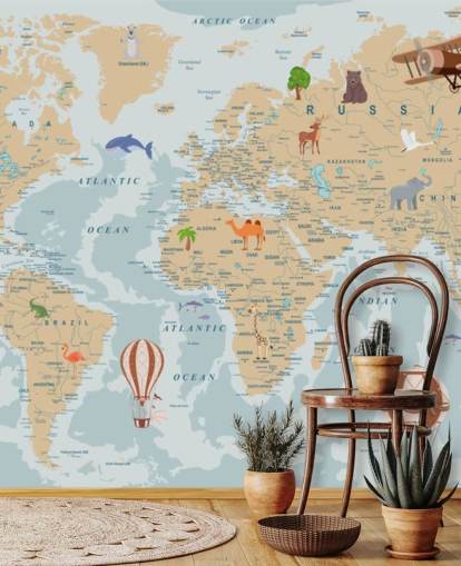 light brown and blue kids world map wallpaper