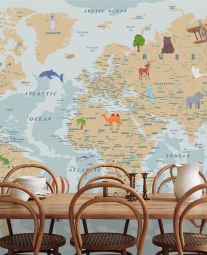 light brown and blue kids world map wallpaper