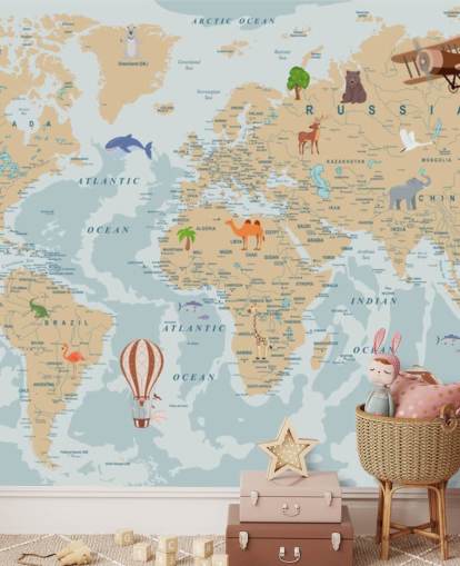 carta da parati mappa del mondo per bambini marrone chiaro e blu