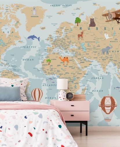 light brown and blue kids world map wallpaper