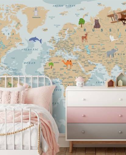 light brown and blue kids world map wallpaper