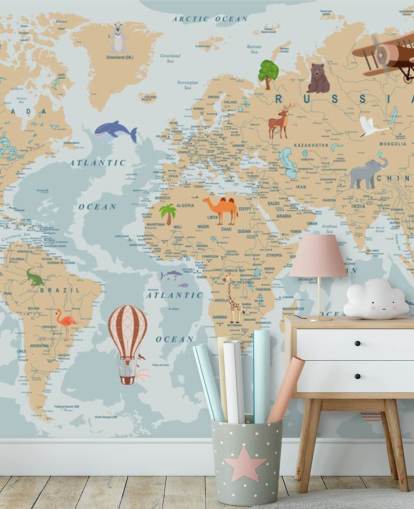 carta da parati mappa del mondo per bambini marrone chiaro e blu