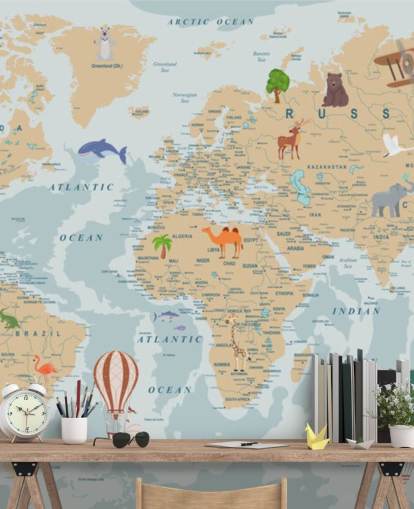 light brown and blue kids world map wallpaper