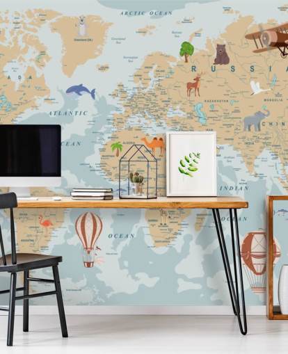 light brown and blue kids world map wallpaper