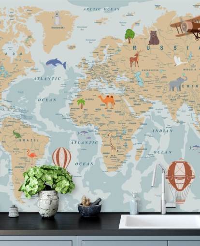 fondo de pantalla de mapa mundial para niños marrón claro y azul