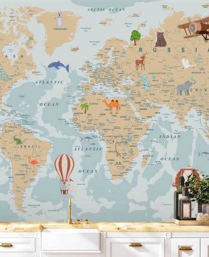 carta da parati mappa del mondo per bambini marrone chiaro e blu